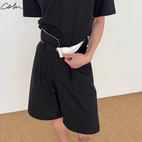 COLN撞色翻折腰宽松直筒短裤