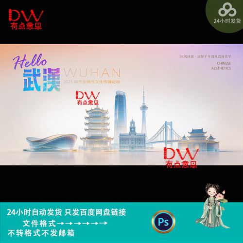 简约现代风武汉地标建筑插画城市文化旅游宣传主kv展板素材ps模版