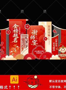 中式红色谢师宴升学宴金榜题名毕业典礼背景板美陈布置设计素材ai