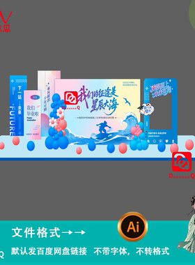 蓝色青春校园风毕业季毕业典礼美陈布置气球派对背景板设计素材ai