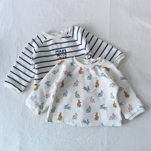 1-18M/法单boutchou新生婴儿秋拉绒背开上衣男女宝宝满月百日衣服