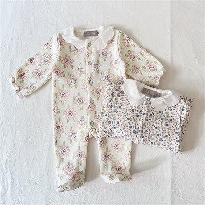 1-18M/法单新生婴儿春秋拉绒连体衣女宝宝满月百日公主翻领长爬服