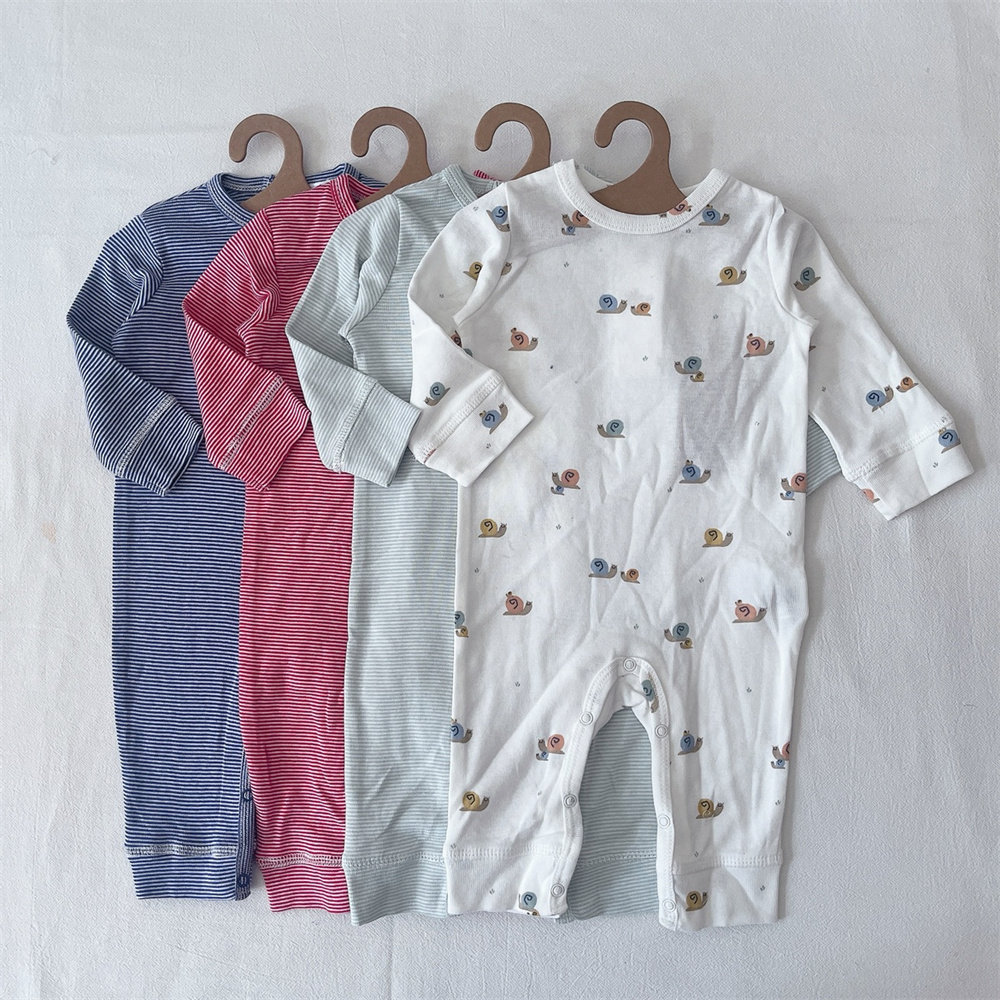 boutchou/婴儿春秋有机全棉连体衣男女宝宝满月百日INS条纹长爬服
