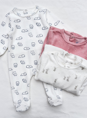 3-36M法单mots婴儿天鹅绒背开连体衣外贸男女宝宝可爱包脚长爬服