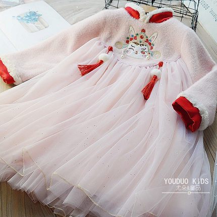 美~女童加绒加厚汉服连衣裙旗袍裙复古中国风保暖公主裙2025冬季