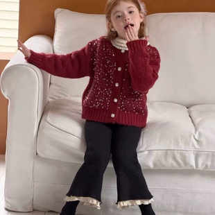 女童加绒喇叭裤花边2025冬装新款羊驼绒加厚长裤宝宝亮闪闪裤子潮