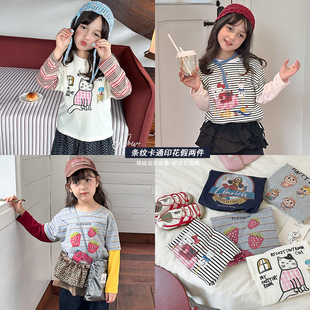 百搭纯棉女童假两件长袖 T恤2025秋装 新款 儿童拼接上衣女孩打底衫