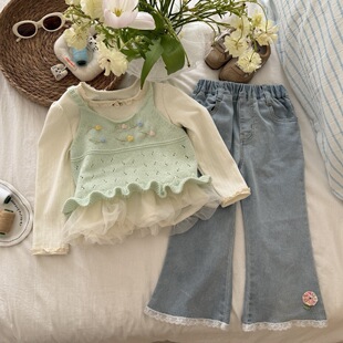 韩国女童针织马甲+打底衫+牛仔裤三件套儿童韩版休闲套装2026春款