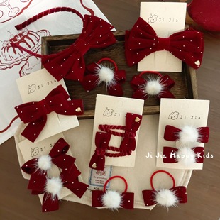 新年红色发夹发箍氛围感毛绒球球发饰女童宝宝发夹儿童头饰