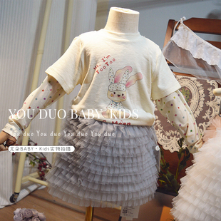 韩国女童纯棉假两件长袖T恤2026春夏季新款儿童拼接防晒袖上衣T