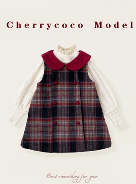 CHERRYCOCO女童套装冬季新款女宝宝洋气毛呢格子加绒背心裙公主裙