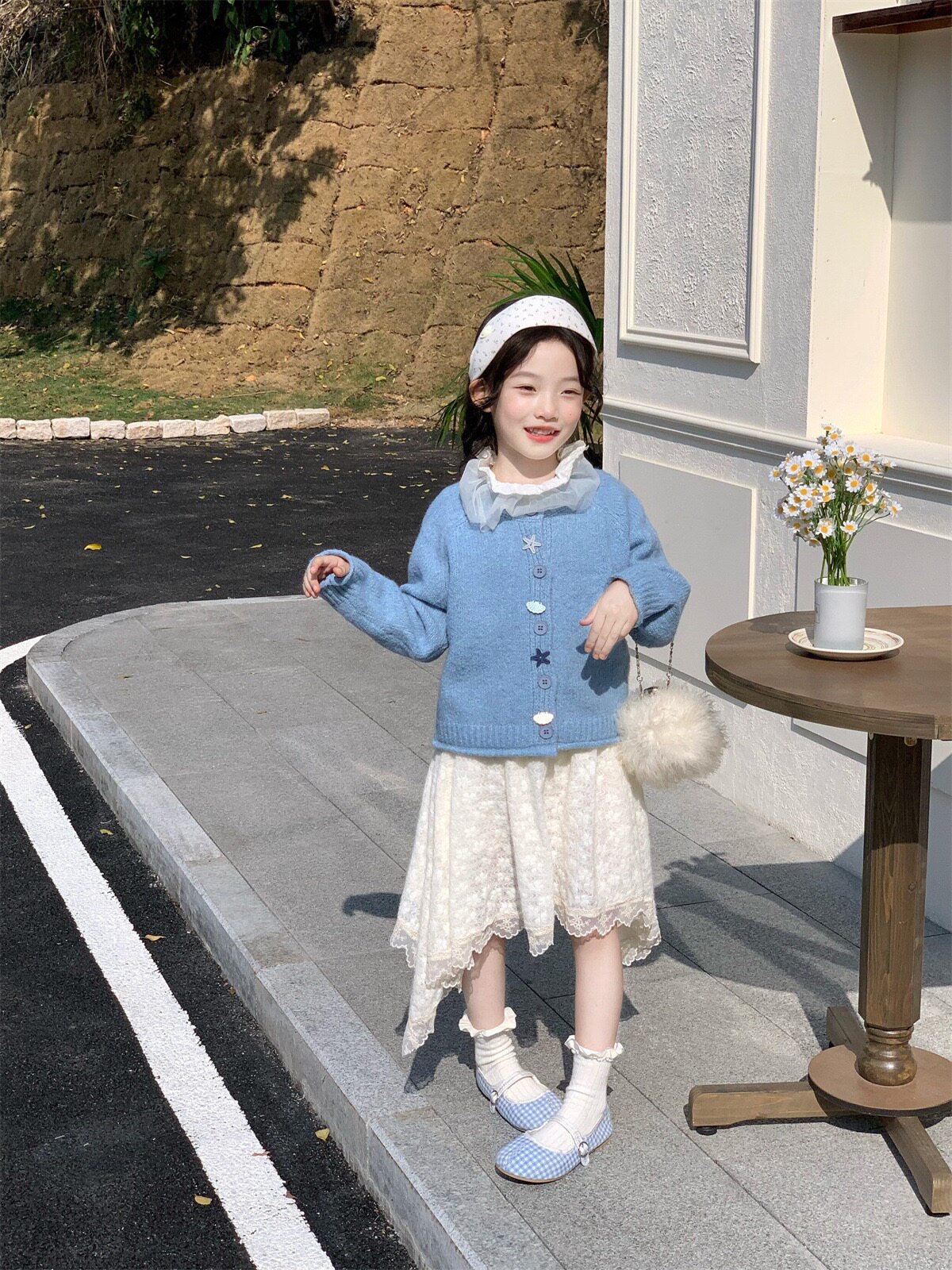 2026春季套装女童洋气公主毛线开衫+花边打底衫+蕾丝半身裙两件套