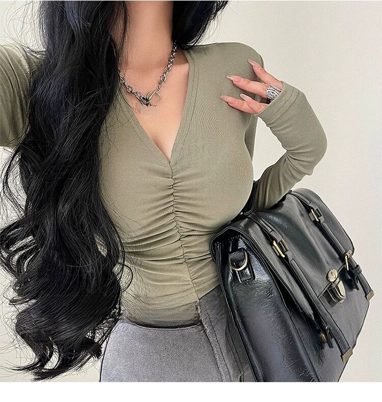 定制辣妹装女长袖V领运动休闲性感瑜伽服普拉提褶皱上衣印字LOGO