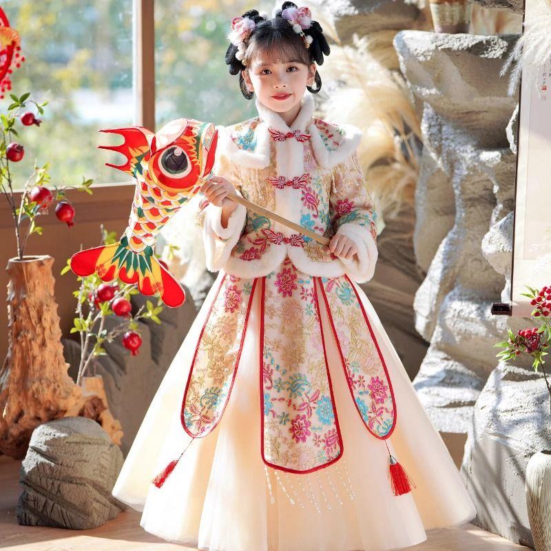 女童汉服冬装儿童新年加绒加厚2025新款唐装中国风古装拜年服冬季
