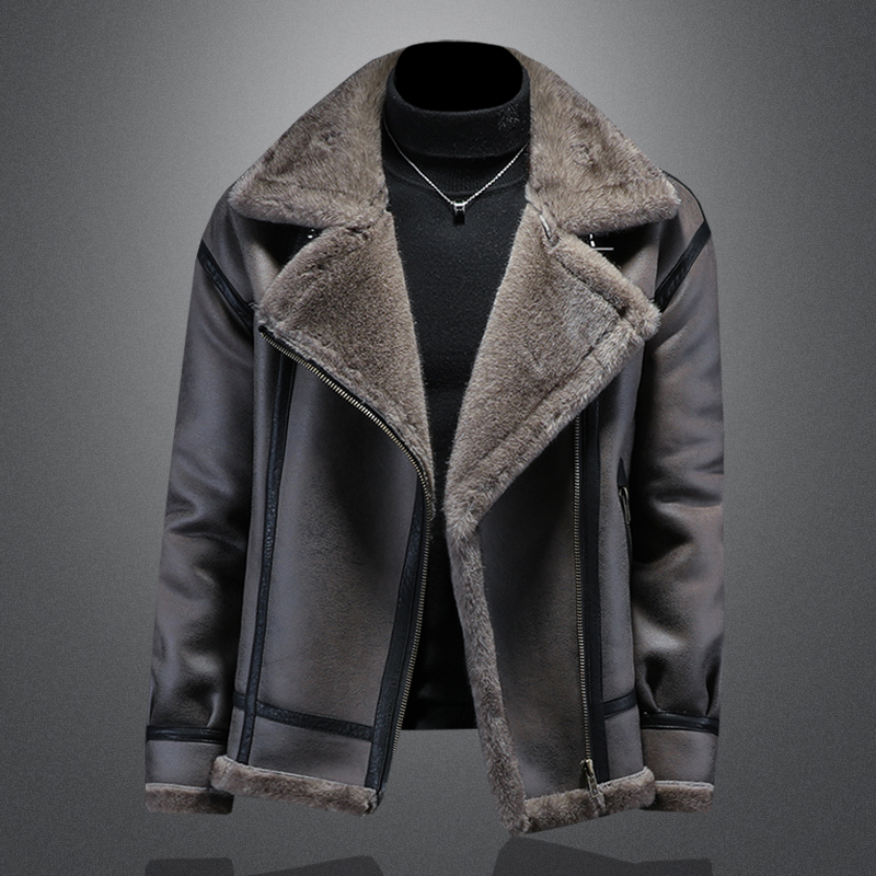 皮毛一体男士翻高端定制冬季加绒加厚机车服银兰貂麂皮绒外套2025
