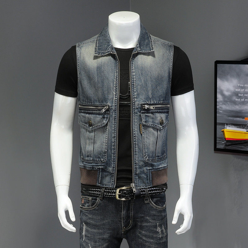 文艺范新品休闲春季牛仔马甲男士大口袋百搭无袖坎肩马褂青年外衣