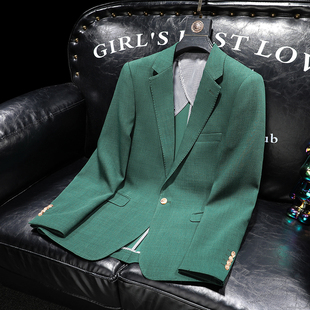 时尚 外套男春秋新款 高级感后双开叉单西服2025 绿色小西装 潮流修身