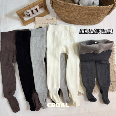 冬款加绒加厚儿童打底裤纯色竖条宝宝连裤袜精梳棉女童保暖打底裤