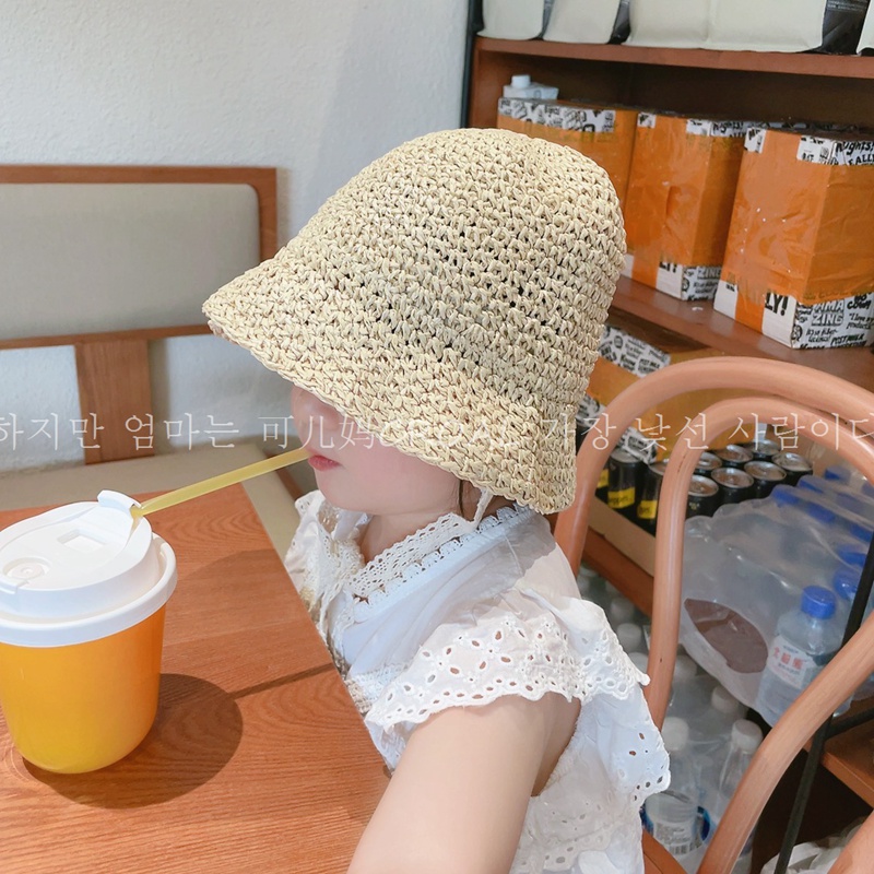 ins网红宝宝蕾丝系带草帽韩国儿童遮阳帽春夏婴儿女小童草编帽子