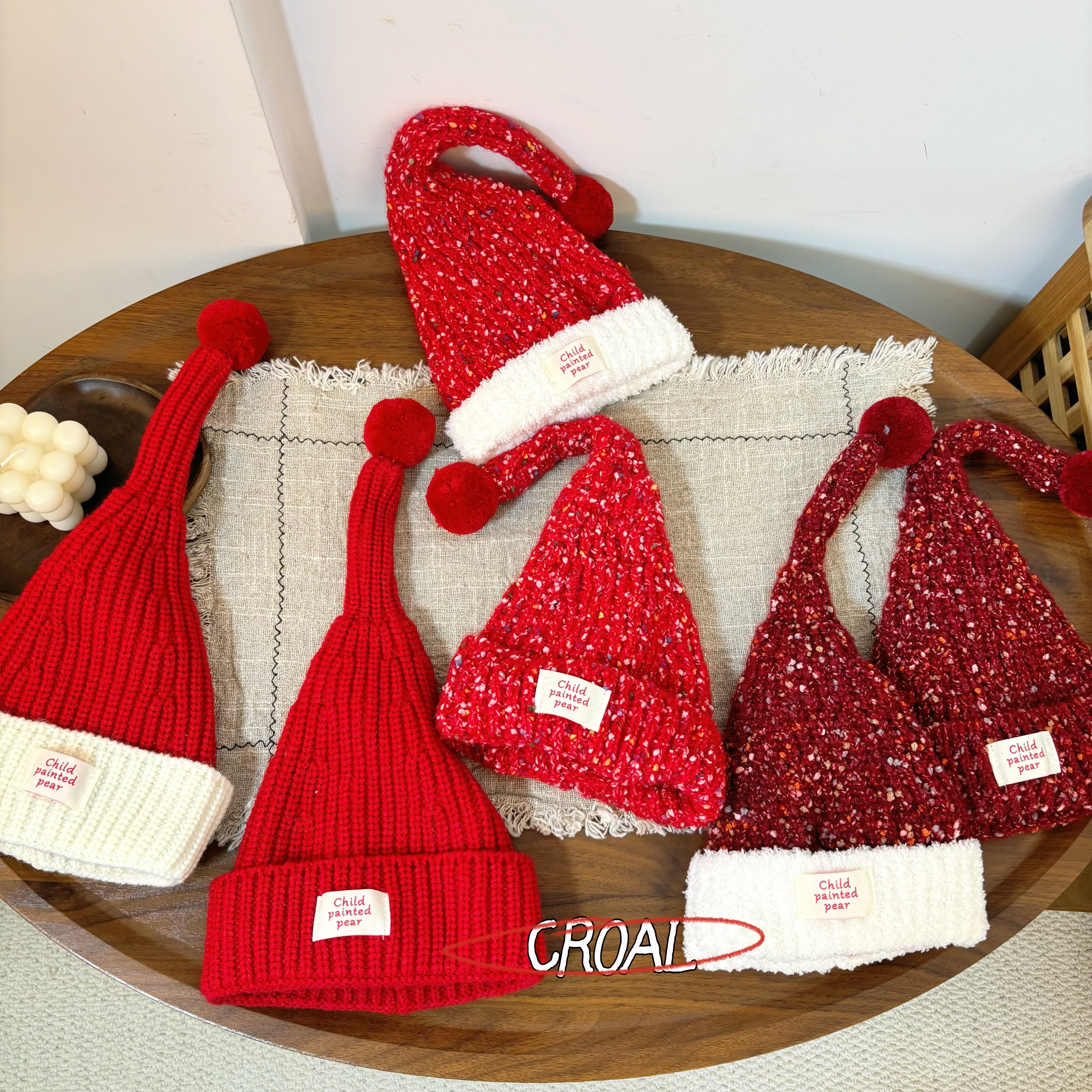 红色春节过年圣诞帽儿童男女童幼儿园毛线护耳帽子宝宝针织帽子