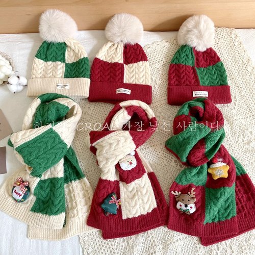 圣诞宝宝针织格子帽子围巾套装儿童保暖护脖围脖男童女童冬季防风