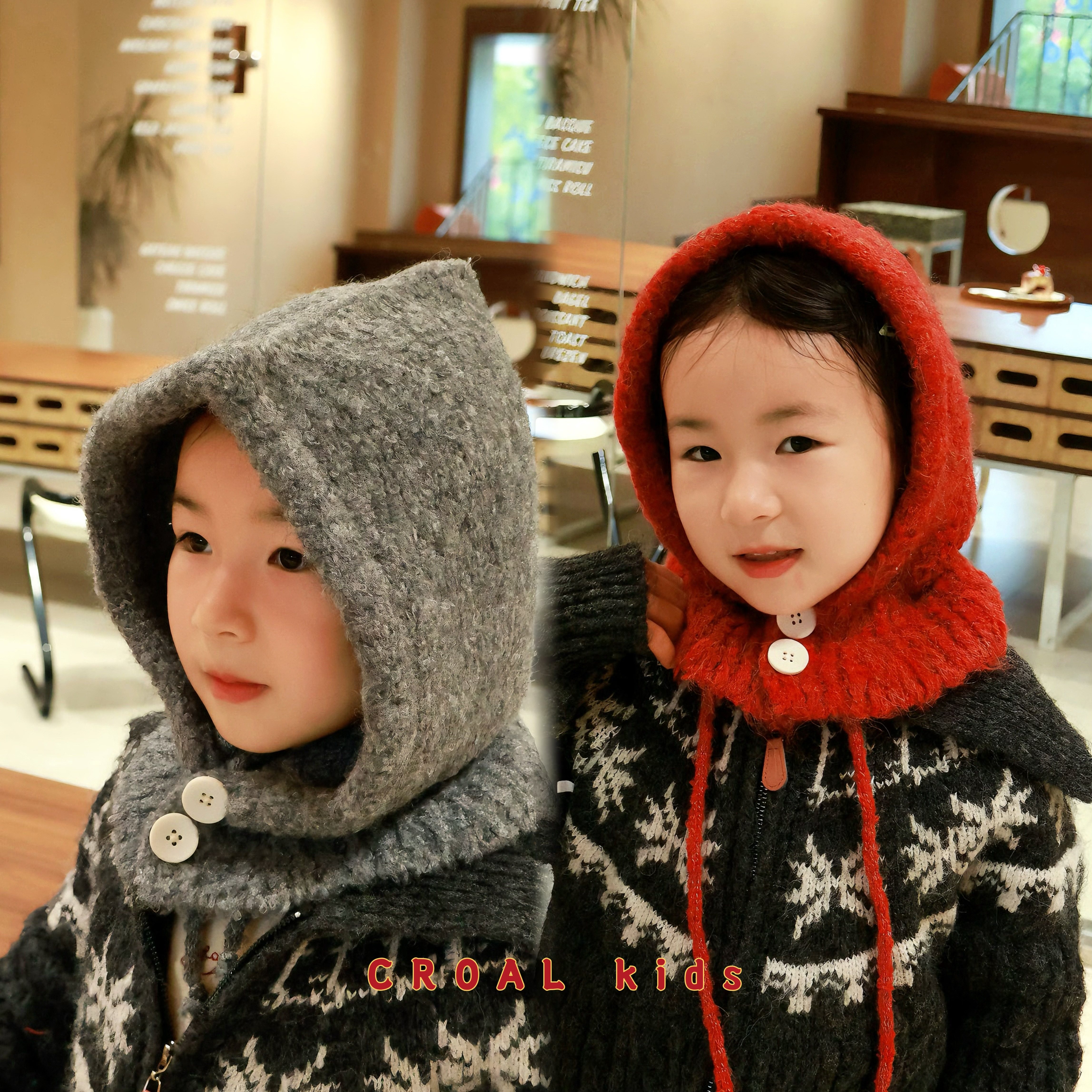 韩系儿童帽子围巾一体外出男女童毛线针织帽披肩宝宝围脖护耳帽