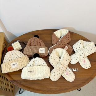 CROAL可爱波点儿童棉纱围巾帽子套装男女童宝宝毛绒围脖交叉围巾