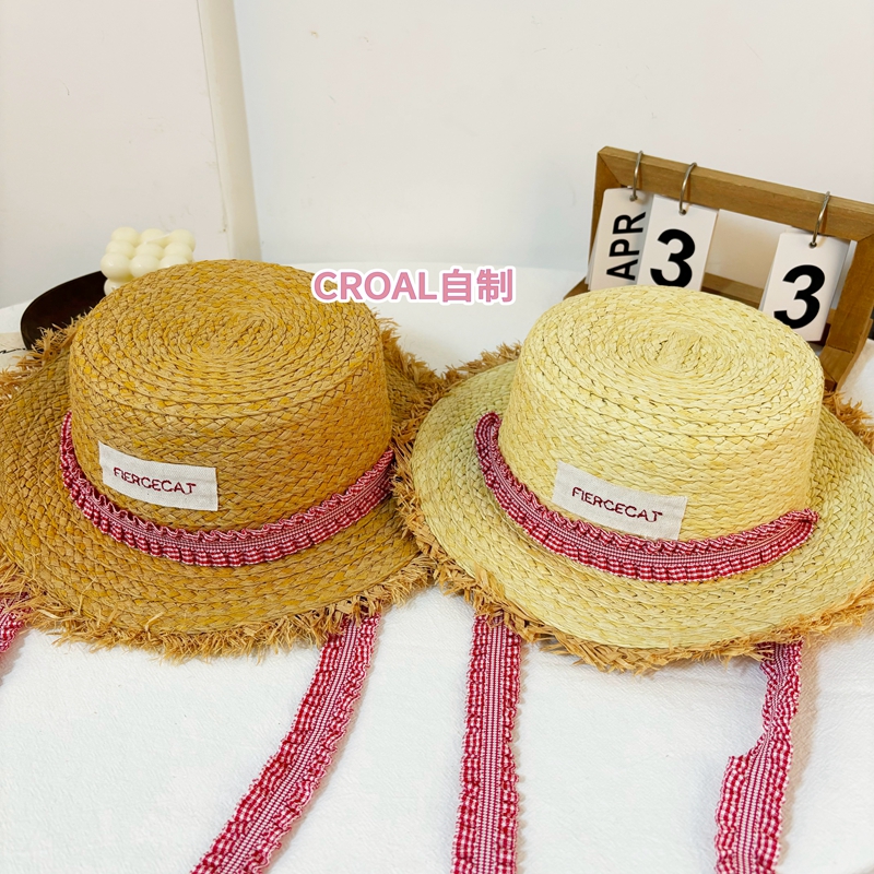 CROAL手工儿童草帽夏季出游遮阳防晒女红色系带毛边ins太阳帽子