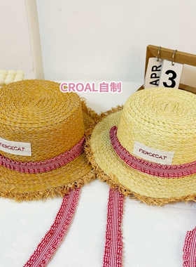 CROAL手工儿童草帽夏季出游遮阳防晒女红色系带毛边ins太阳帽子