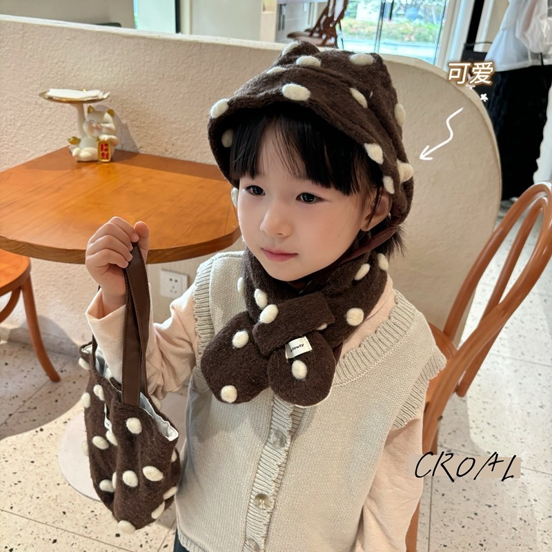 可爱棕色波点儿童帽子围巾包包套装秋冬季男女童护耳帽毛绒围巾,童装/婴儿装/亲子装,多件套 帽子、围巾、手套等组合,淘宝优惠券,粉丝福利购,淘宝优惠卷