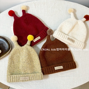 可爱触角球球儿童帽子秋冬男童女童针织帽毛线套头冬季护耳帽宝宝