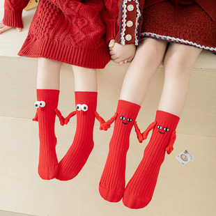 儿童红色新年袜子秋春纯棉韩系可爱牵手棉袜男童女童本命年中筒袜