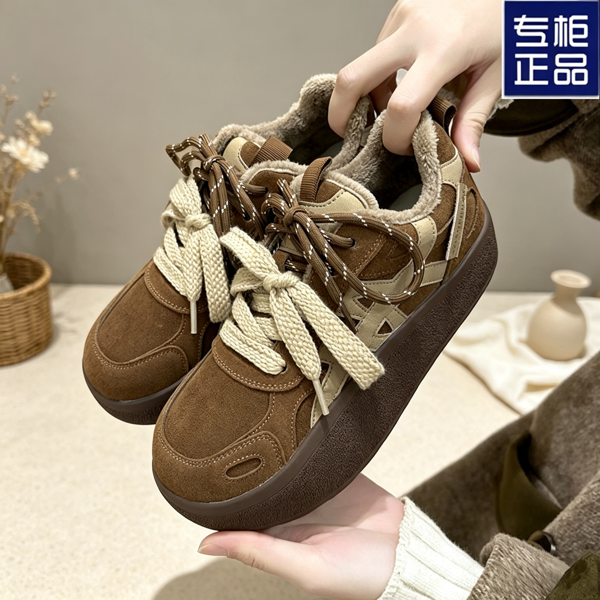 品牌撤柜厚底复古双鞋带德训鞋女款板鞋加绒保暖休闲运动摇摇鞋