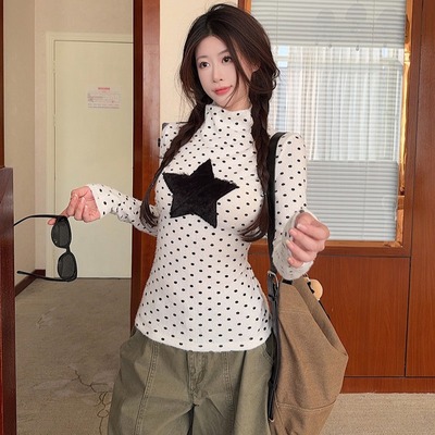 高领波点刺绣长袖t恤egg打底衫