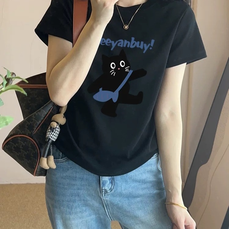 小猫咪印花短袖正肩纯棉显瘦T恤