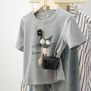 广州十三行女装新款高端设计感猫咪刺绣花短袖正肩T恤显瘦上衣夏