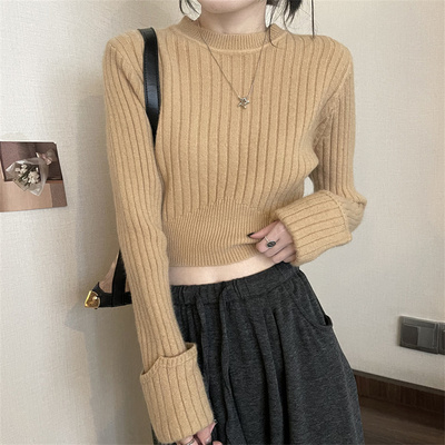 掐腰短款小个子坑条针织衫秋冬季