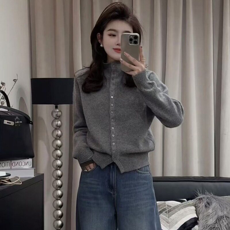 单排扣立领长袖针织打底衫毛衣冬