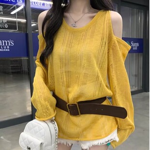 杭州四季青意法高端韩货女装早秋镂空露肩长袖T恤针织衫没配腰带