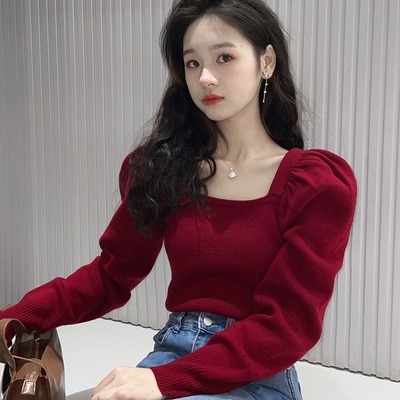 复古红色方领泡泡袖针织打底衫