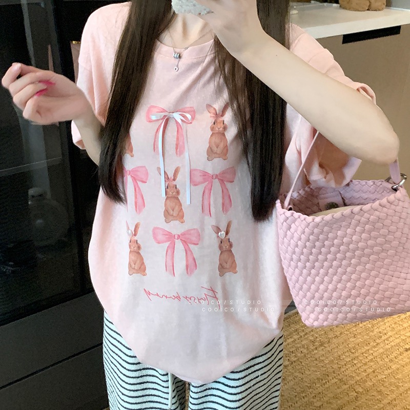 设计感蝴蝶结卡通印花短袖T恤