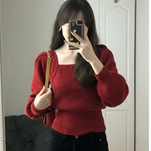 广州十三行欧货女装早秋冬本命年红色方领露背系带泡泡长袖针织衫