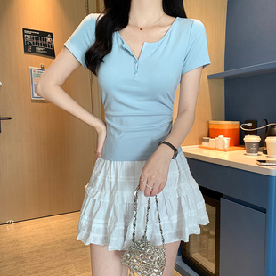 正肩T恤女显瘦夏季 广州十三行高货上衣设计感小众半开领纯色短袖