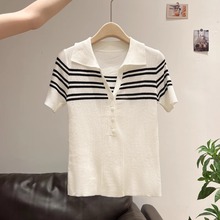 杭州四季青高端韩系女装广州十三行上衣撞色条纹POLO领针织衫夏款