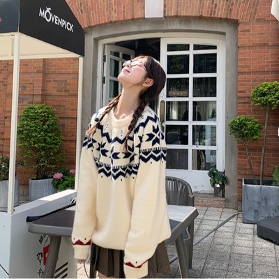 费尔岛提花针织慵懒濮院羊绒衫