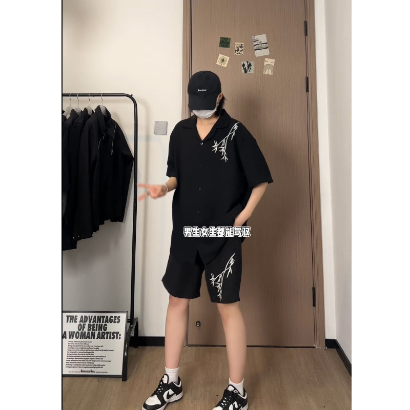 新中式男风翻领短袖衬衫夏季复古竹子绣花短裤套装 TZ505-P60图片