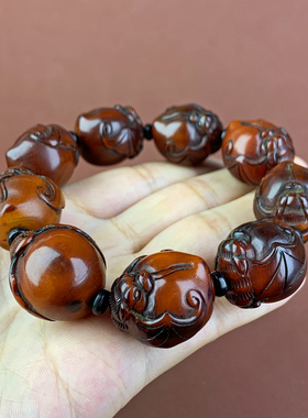 天然西藏红牦牛角雕刻寿桃手串福寿如意手链男带血丝藏式文玩牛角