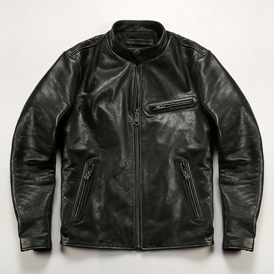 1930立领修身摔纹牛皮机车皮衣