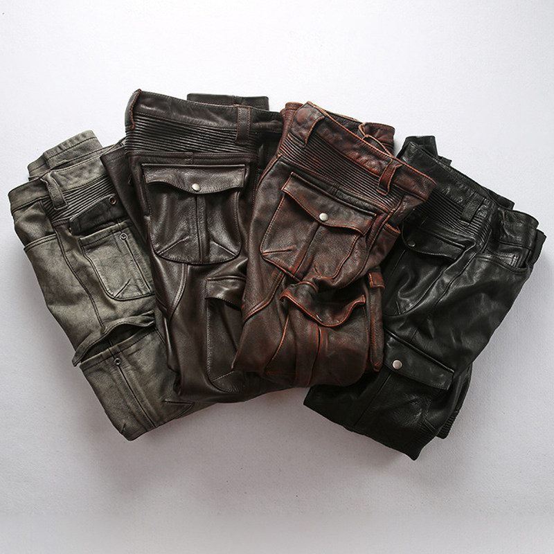 外卖电瓶车骑行皮裤男真皮头层牛皮防风小脚裤代驾机车防寒皮裤子