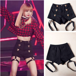 网红团体黑色热裤LISA金泫雅同款舞蹈服豹头金属夜店性感上衣